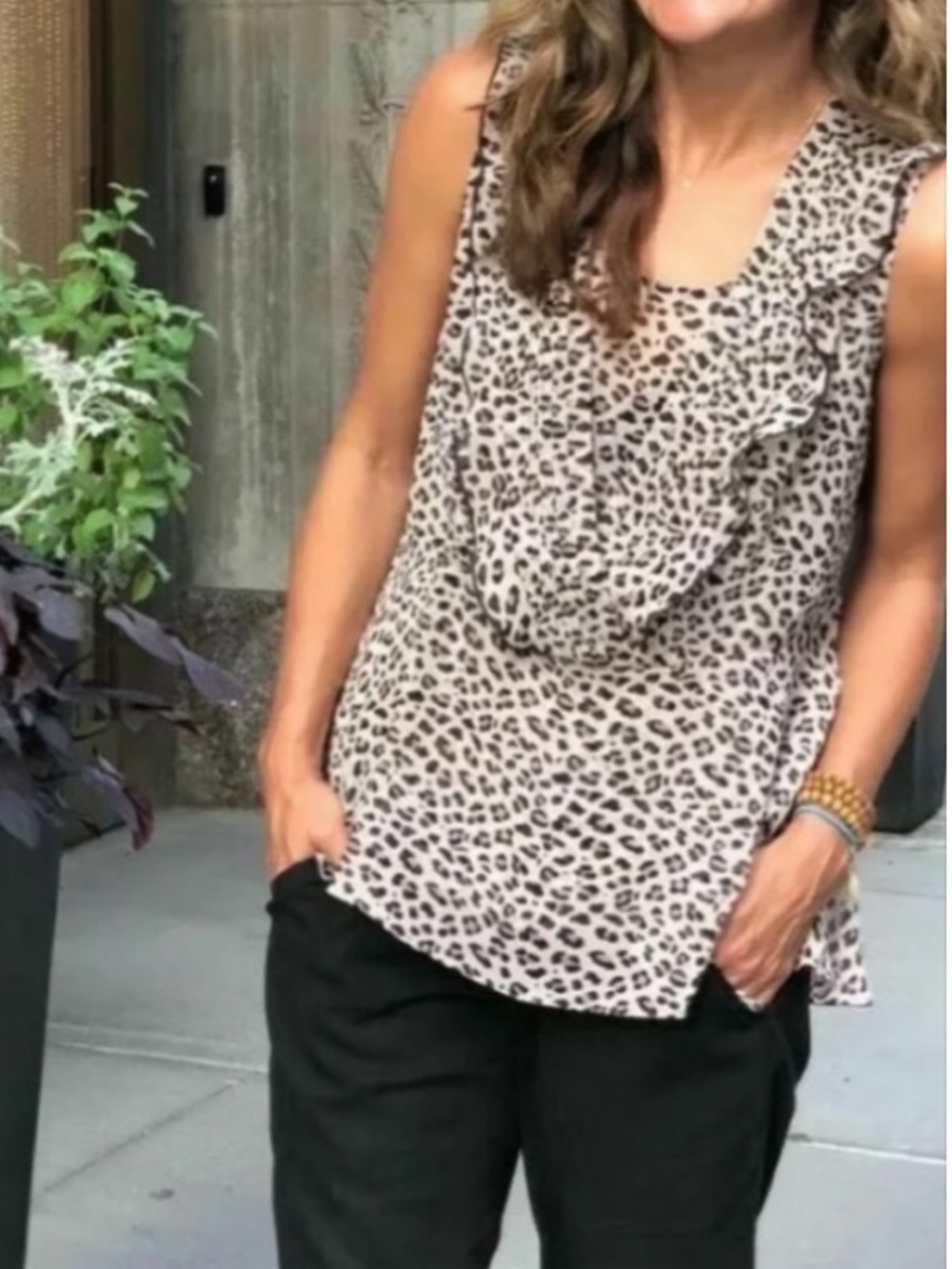 CAbi Take Two Leopard Print Flutter Sleeveless Blouse